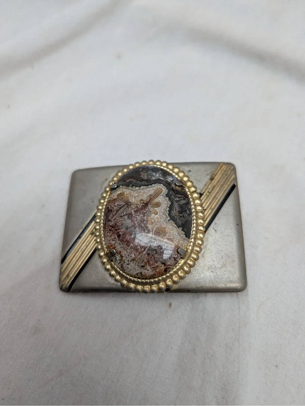 Unisex Belt Buckle, metal with a Brown & Cream-Colored Stone, 2 1/2